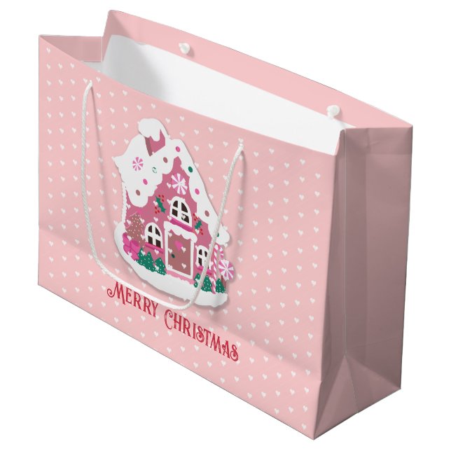 Cute Merry Christmas Pink Snowy Gingerbread House Large Gift Bag (Front Angled)