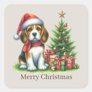 Cute Merry Christmas puppy customisable Square Sticker