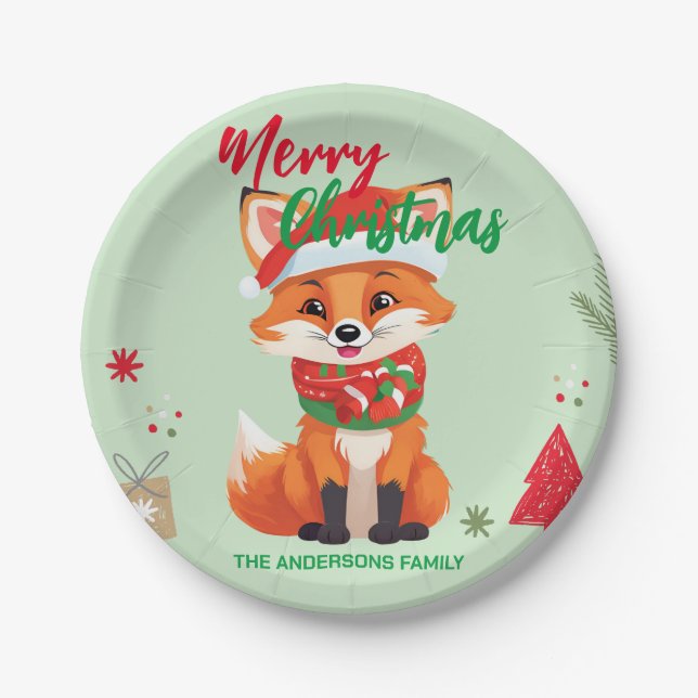 Cute merry Christmas red fox Santa Scarf holiday Paper Plate (Front)