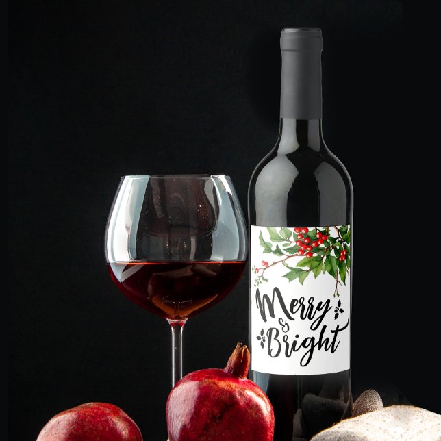 Cute Merry Christmas Red Mistletoe Watercolor Wine Label (Creator Uploaded)