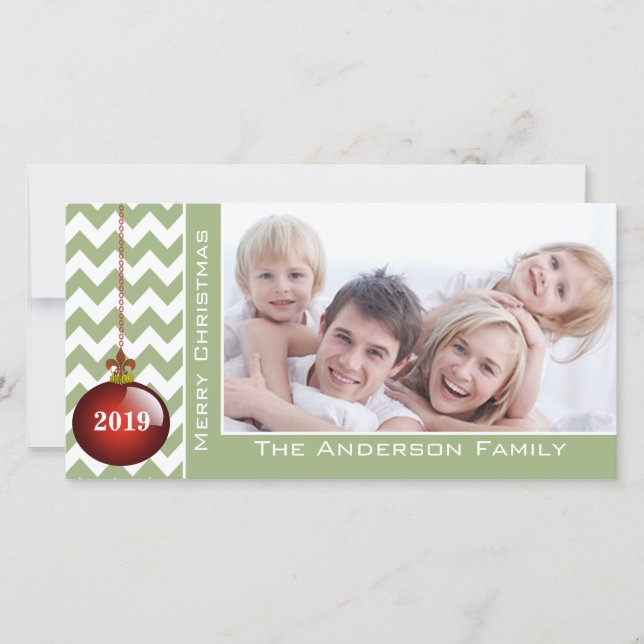 Cute Merry Christmas Red Ornament Chevron Pattern Holiday Card (Front)