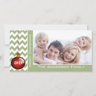 Cute Merry Christmas Red Ornament Chevron Pattern Holiday Card