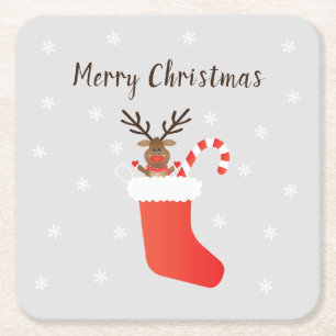 Cute Merry Christmas Reindeer In A Stocking Red Square Paper Coaster