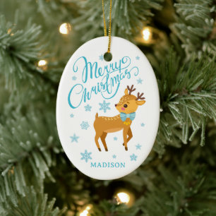 Cute Merry Christmas Reindeer Personalised Name Ceramic Tree Decoration