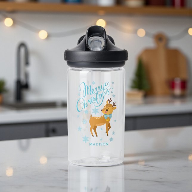 Cute Merry Christmas Reindeer Personalised Name Water Bottle (Creator Uploaded)