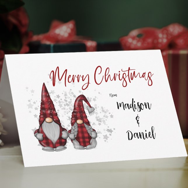 Cute Merry Christmas Rustic Gnome Red Plaid Stars Holiday Card (Creator Uploaded)