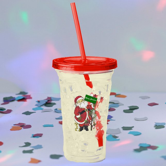 Cute Merry Christmas Santa Animals Little Tree Acrylic Tumbler (Santa Clause decorated tree with cute little forest animals on acrylic drink tumbler for Christmas.)