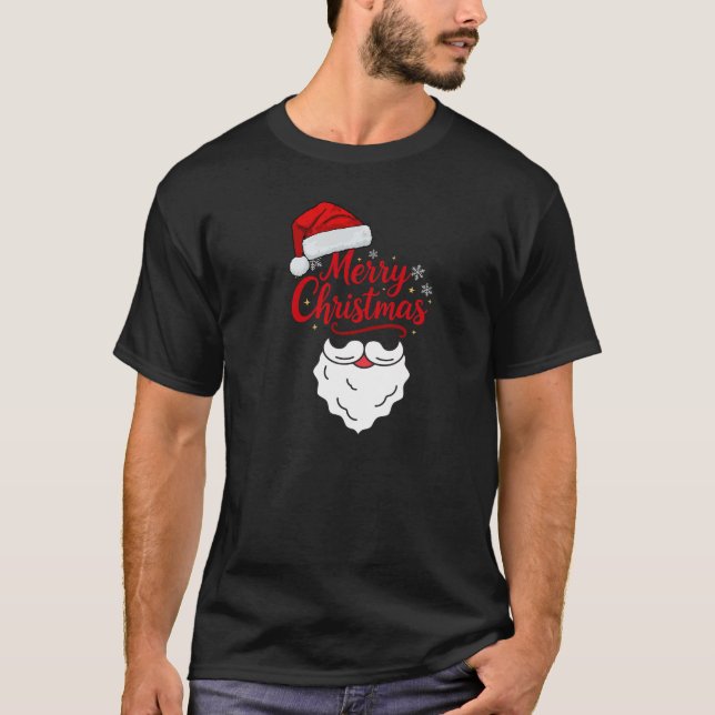 Cute Merry Christmas Santa Hat and Beard T-Shirt (Front)