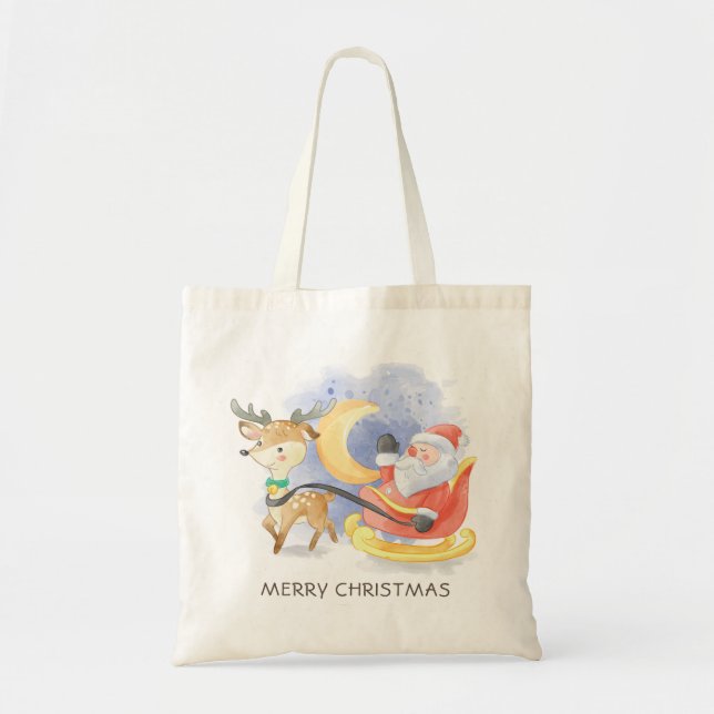 Cute Merry Christmas Santa Reindeer Sleigh Tote Bag (Front)