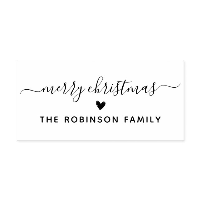 Cute Merry Christmas Script Heart Family Name Rubber Stamp (Imprint)