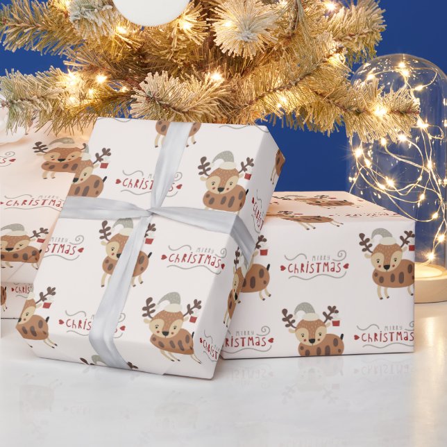 Cute Merry Christmas Script Reindeer  Wrapping Paper (Holidays)