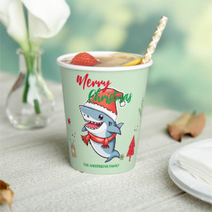 Cute merry Christmas shark fish Santa hat holiday Paper Cups