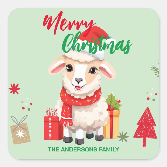 Cute merry Christmas Sheep Ram Santa Scarf holiday Square Sticker (Front)