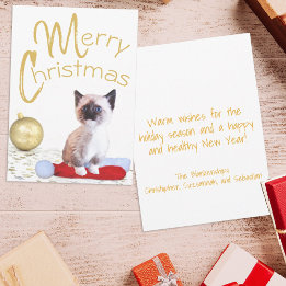 Cute Merry Christmas Siamese Kitten Gold Ornament Holiday Card