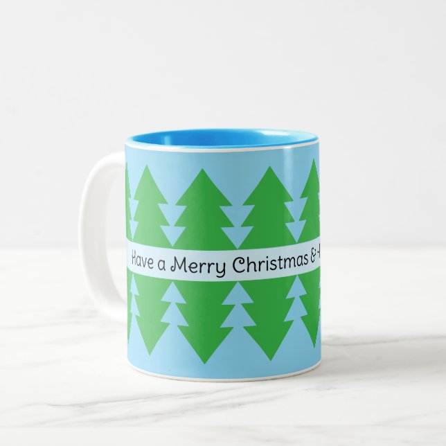 Cute Merry Christmas Simple Tree Design Blue Two-Tone Coffee Mug (Front Left)