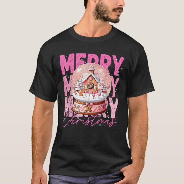 Cute Merry Christmas Snow Globe Pink Gingerbread H T-Shirt (Front)