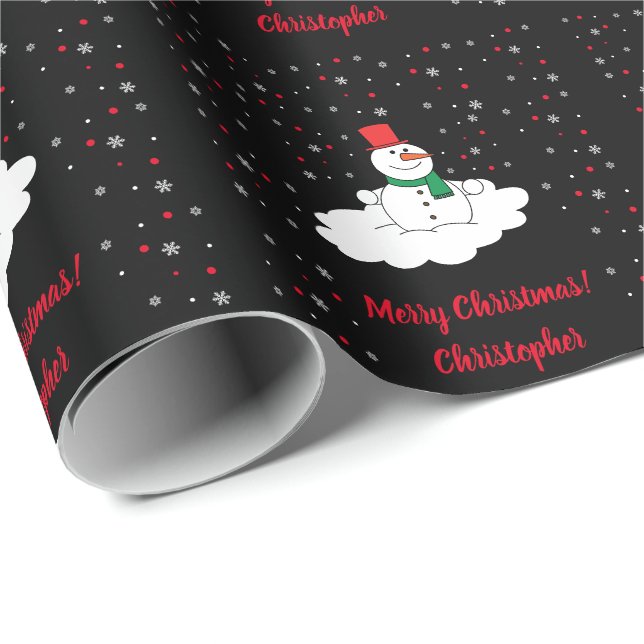Cute Merry Christmas Snow Snowman Snowflakes Black Wrapping Paper (Roll Corner)