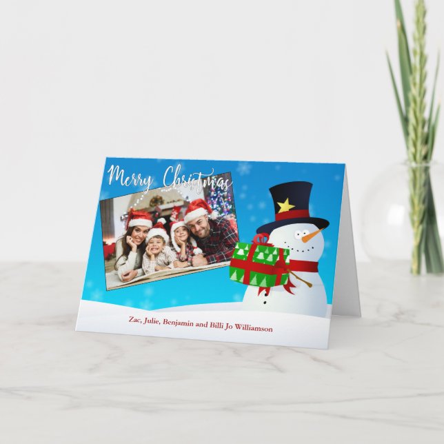 Cute Merry Christmas Snowman and Your Photo Holiday Card (Front)