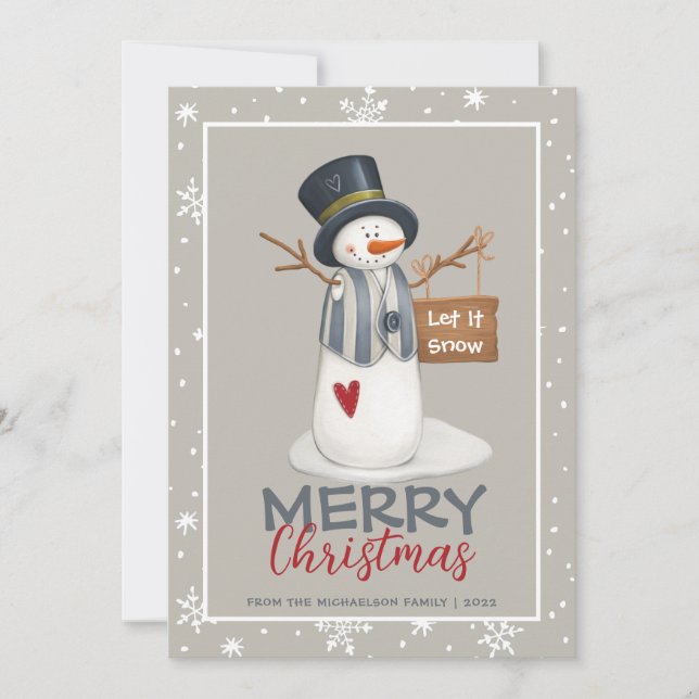 Cute Merry Christmas Snowman Let It Snow Card (Front)