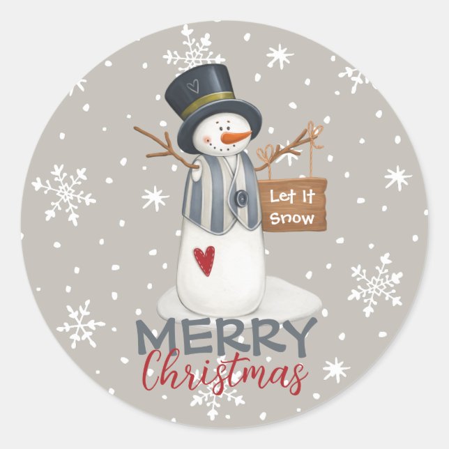 Cute Merry Christmas Snowman Let It Snow Classic Round Sticker (Front)