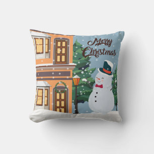 Cute Merry Christmas Snowman Winter Scene Cushion