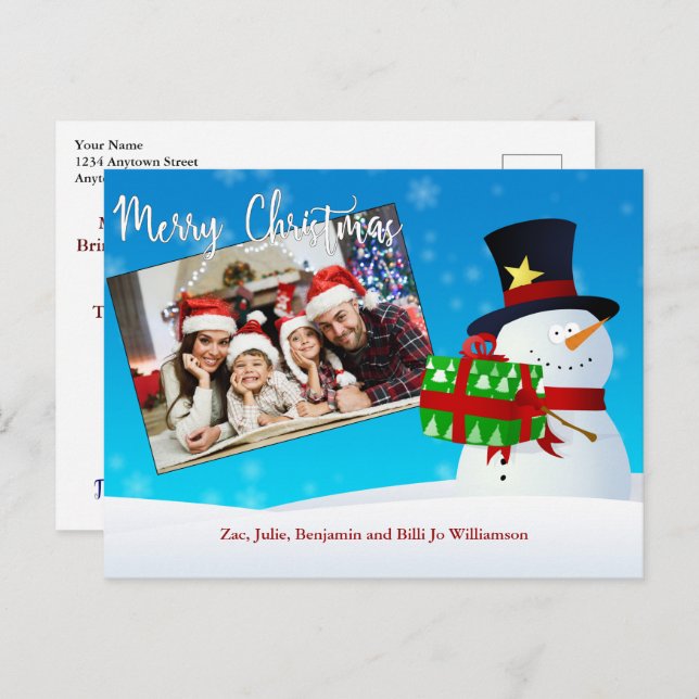 Cute Merry Christmas Snowman With Gift Your Photo Postcard (Front/Back)