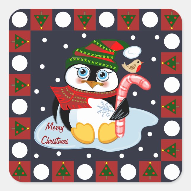 Cute Merry Christmas sticker Penguin and Robin (Front)