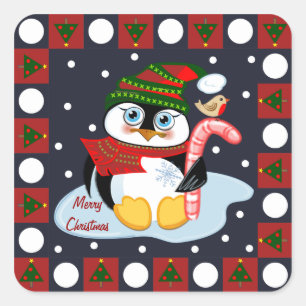 Cute Merry Christmas sticker Penguin and Robin