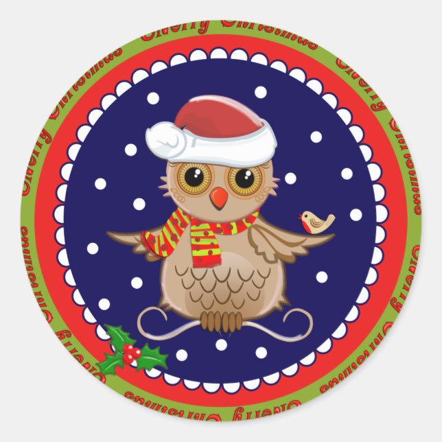 Cute Merry Christmas sticker with Santa Owl (Front)