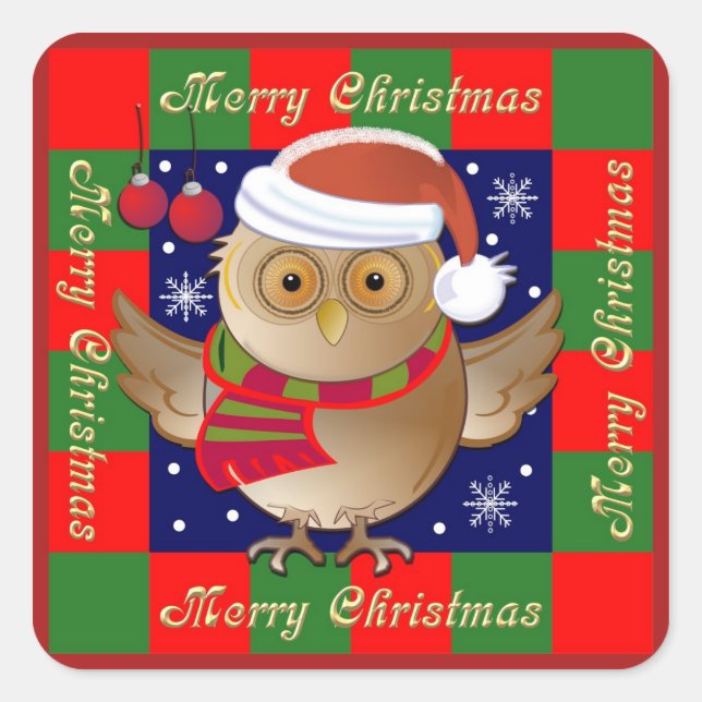 Cute Merry Christmas sticker with Santa Owl (Front)