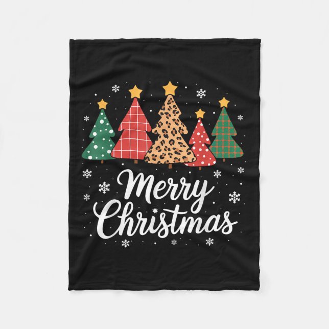 Cute Merry Christmas Tree Buffalo Plaid Red White  Fleece Blanket (Front)