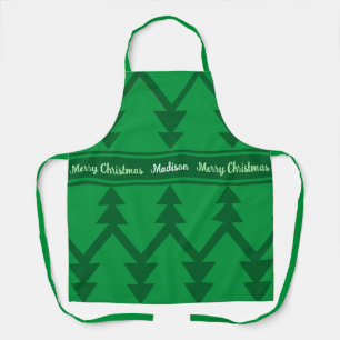Cute Merry Christmas Trees Custom Name Green Apron