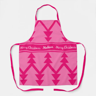 Cute Merry Christmas Trees Custom Name Pink Apron