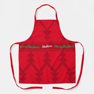 Cute Merry Christmas Trees Custom Name Red Apron