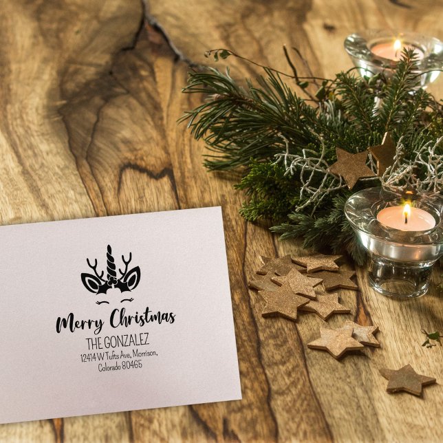 Cute Merry Christmas Unicorn Return Address Rubber Stamp (Creator Uploaded)