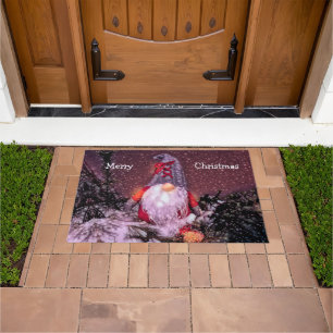Cute Merry Christmas Whimsical Gnome Holiday Tree Doormat