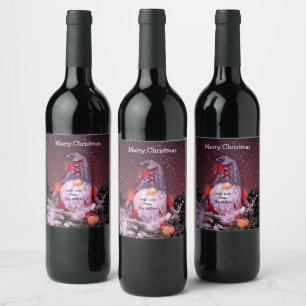 Cute Merry Christmas Whimsical Gnome Holiday Tree Wine Label