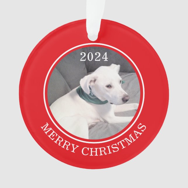 Cute Merry Christmas White Dog Photo Red Round Ornament (Front)