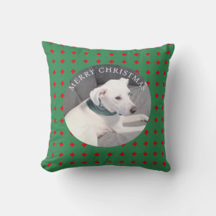 Cute Merry Christmas White Dog Round Photo Green Cushion