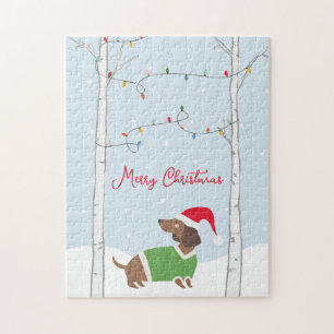 Cute Merry Christmas Winter Holiday Dachshund Jigsaw Puzzle