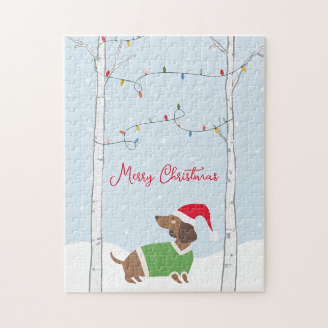 Cute Merry Christmas Winter Holiday Dachshund Jigsaw Puzzle (Vertical)