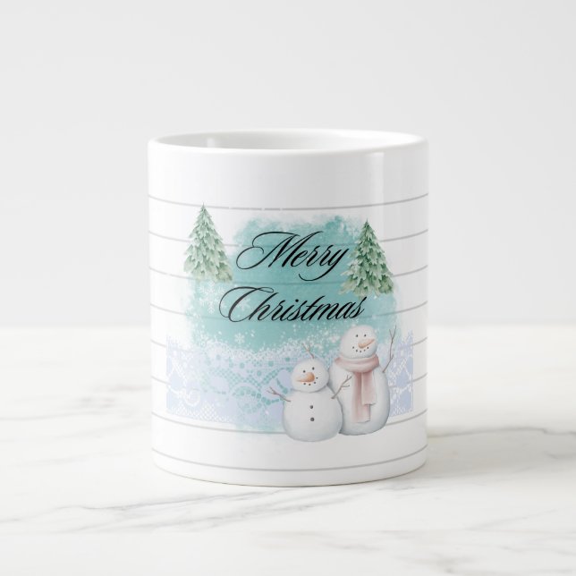Cute Merry Christmas with Snowman Christmas Tree Large Coffee Mug (Front)