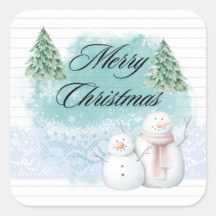 Cute Merry Christmas with Snowman Christmas Tree Square Sticker