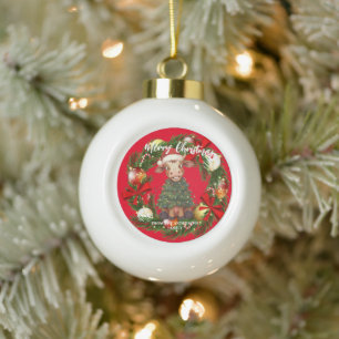 Cute merry Cow Christmas tree calf ox Xmas pattern Ceramic Ball Christmas Ornament