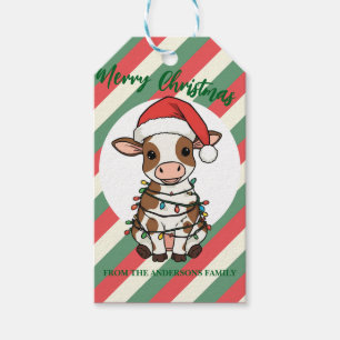 Cute merry Cow christmas tree calf ox Xmas pattern Gift Tags