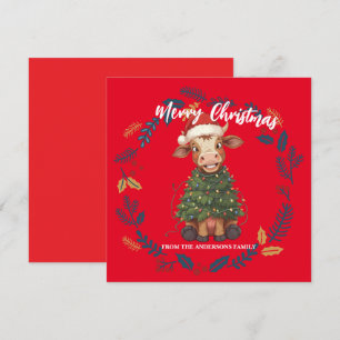 Cute merry Cow Christmas tree calf ox Xmas pattern Holiday Card