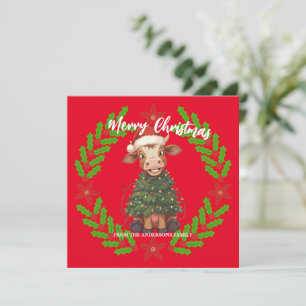 Cute merry Cow Christmas tree calf ox Xmas pattern Holiday Card