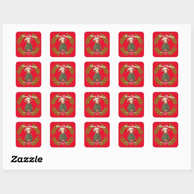 Cute merry Cow Christmas tree calf ox Xmas pattern Square Sticker (Sheet)