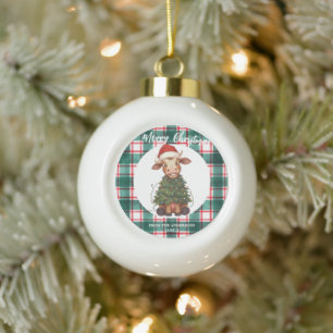 Cute merry Cow Christmas tree calf ox Xmas plaid Ceramic Ball Christmas Ornament