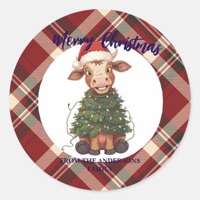 Cute merry Cow Christmas tree calf ox Xmas plaid Classic Round Sticker (Front)
